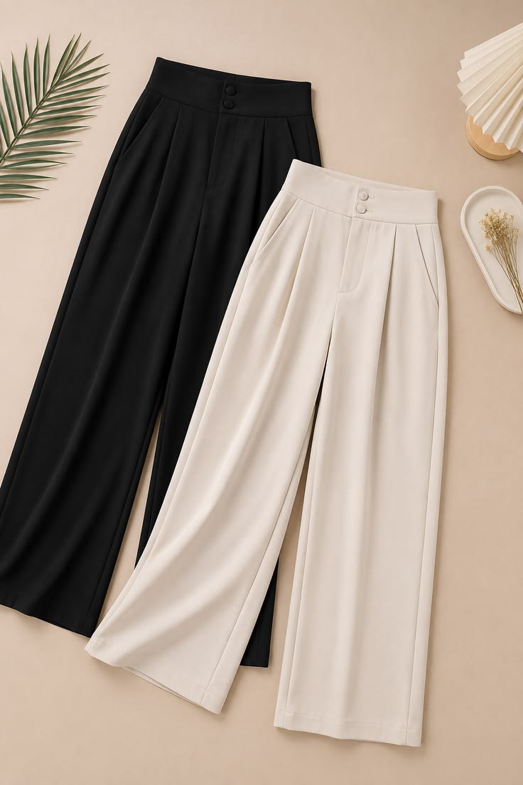 2-Piece High-Waist Wide-Leg Pants Set for Women _ Elegant Black & Beige Trousers