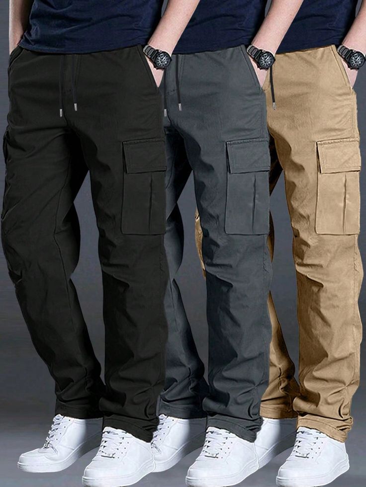 3pcs_Set Men's Multi-Pocket Solid Color Cargo Pants, Casual Loose Fit Trousers For Summer Beach, Vacation, Daily Commute, Sports, Outdoor, Fitness, Jogging, Versatile Straight Leg Pants For Summer Streetwear