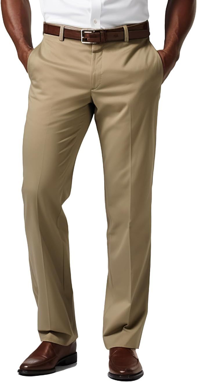 Men's Premium Hidden Expandable Waist Pleated Dress Pants Comfort Straight Fit Black Chino Pant