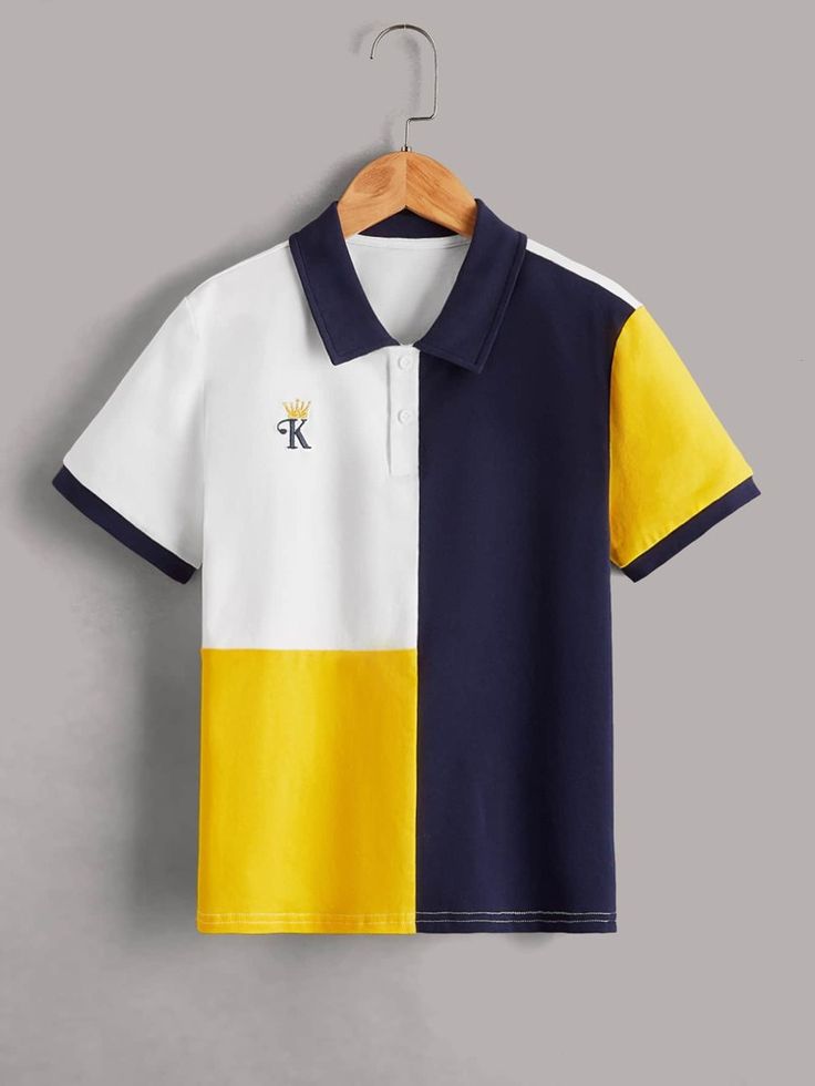 SHEIN Boys Letter & Crown Embroidery Color Block Polo Shirt _ SHEIN USA